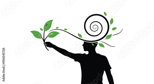 Silhouette of a person holding a plant with green leaves creating a growing spiral of nature from their head.
