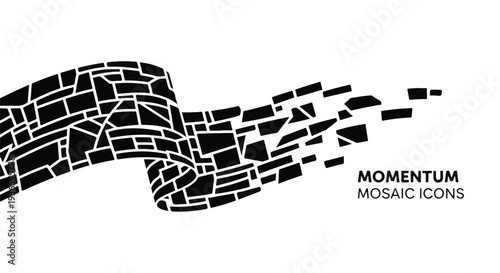 Abstract black mosaic wave dissolving into fragments, symbolizing momentum and transformation.