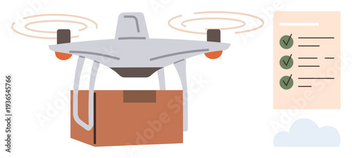 quadcopter technology, delivery services, logistics, e-commerce, shipping solutions, innovation. Image of a Quadcopter carrying a package, checklist and cloud icon. Drone technology and delivery