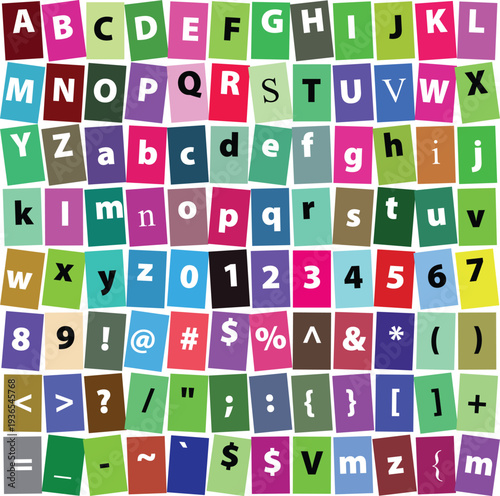 A vibrant collage of cut-out alphabet letters, numbers, and symbols on colorful backgrounds, resembling a ransom note style.