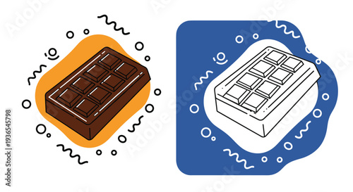 Two chocolate bar illustrations in color and line art styles are surrounded by decorative swirls and dots for confectionery themed projects.