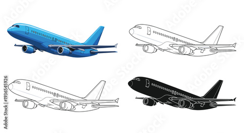 Commercial airplane illustration in flight is presented in color, line art, and black silhouette versions for travel and aviation projects.