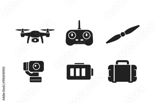 Collection of drone and aerial photography equipment icons on a white background