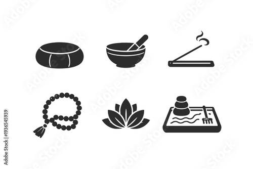 Collection of icons representing meditation, wellness, and spa elements