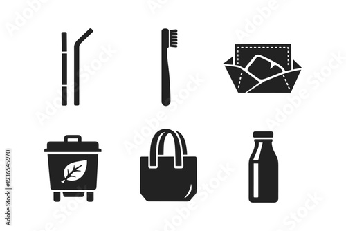 Set of icons representing eco-friendly and reusable everyday items for a sustainable lifestyle