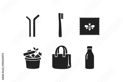 Collection of icons representing eco-friendly and sustainable lifestyle choices