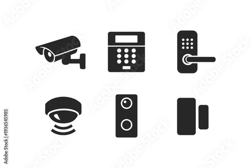Collection of security system icons including camera, keypad, smart lock, and sensors
