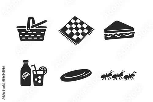 Collection of picnic icons including basket, blanket, sandwich, drink, frisbee, and ants