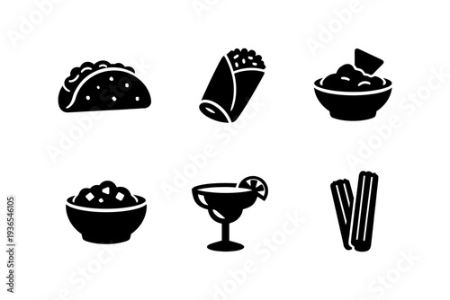 Set of six black icons representing Mexican food and drinks on a white background
