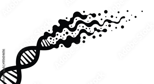Abstract representation of DNA transforming into particles, symbolizing evolution and change.