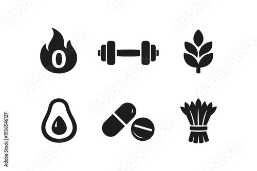 Set of icons representing health, fitness, and nutrition concepts