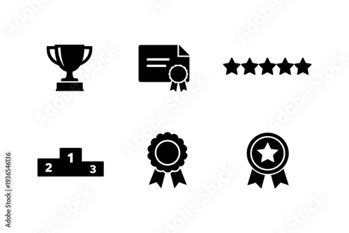Collection of award and achievement icons including trophy, certificate, stars, and podium