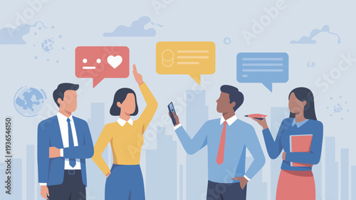 A diverse group of people communicating with speech bubbles in a modern city setting