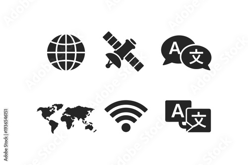 Set of global communication and technology icons including globe, satellite, translation, and Wi-Fi symbols