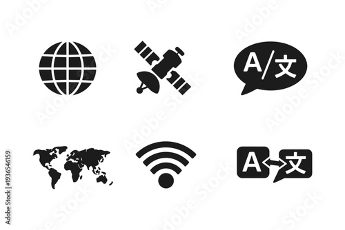 Global communication and translation icons: globe, satellite, Wi-Fi, and language symbols