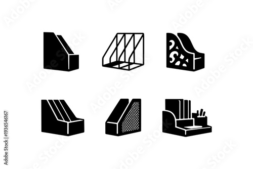 Collection of six different black icons representing various types of document and magazine holders
