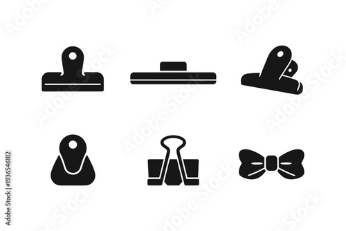 Collection of six black office supply icons on a white background