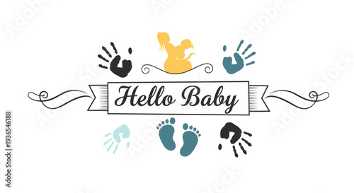 Baby shower design featuring colorful handprints and footprints around a hello baby banner is shown with a mother and child silhouette.