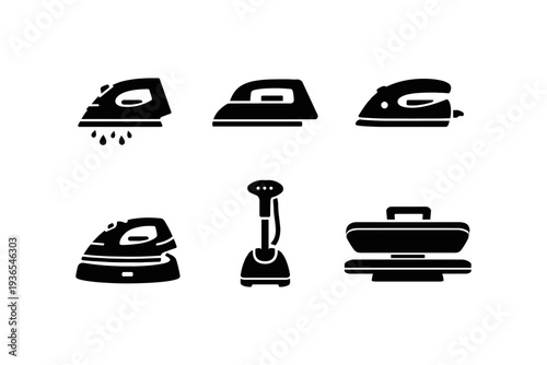 Collection of various ironing appliances and garment steamers in black silhouette icons