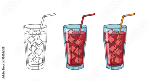 Three glasses of red iced juice with straws are shown in outline and colored versions for refreshing summer beverage and drink promotions.