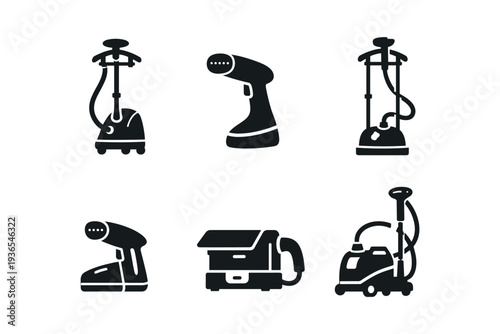 Collection of six different garment steamers and steam irons in silhouette style