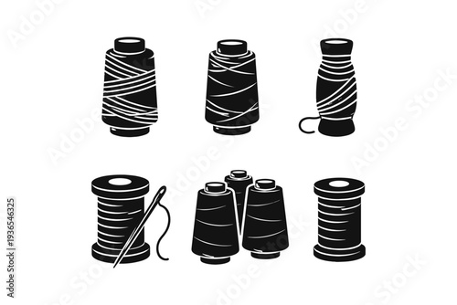 Collection of black and white icons representing spools of thread and a needle