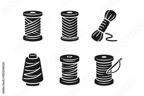 Collection of six black and white icons representing spools of thread and sewing supplies