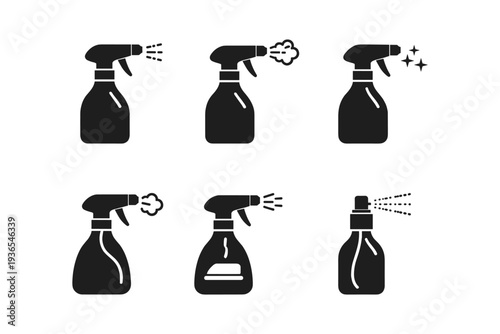 Collection of six black spray bottle icons showing different spray patterns and cleaning effects
