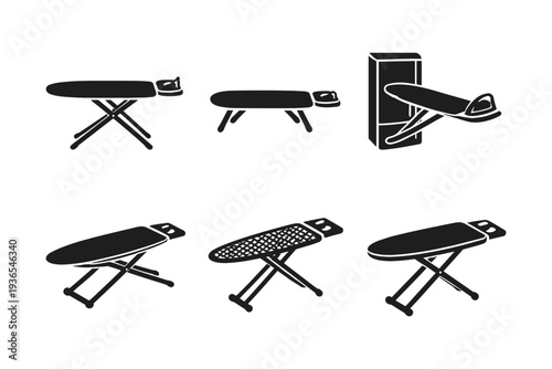 Collection of various ironing board icons in silhouette, representing different styles and functions