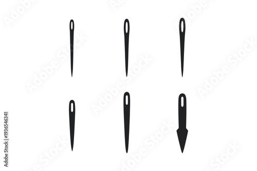 Collection of six sewing needles with eyelets and sharp points on a white background