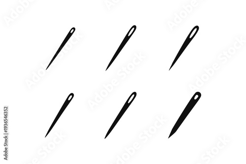 Collection of six simple black sewing needle icons on a white background