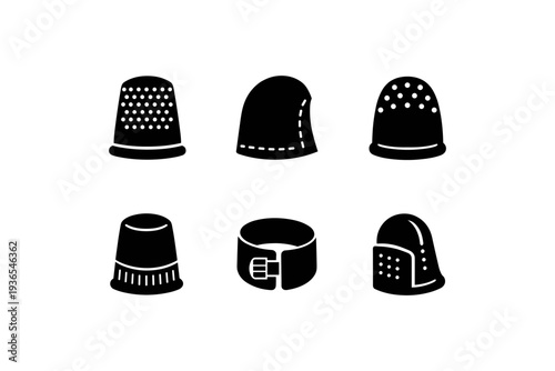 Collection of six different thimble icons and sewing accessories on a white background