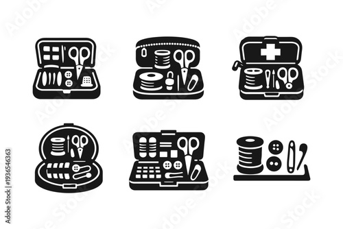 Collection of sewing kits and supplies icons in a clean, modern graphic style