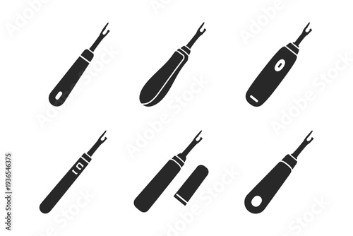 Collection of six black seam ripper icons with different handle designs on white background
