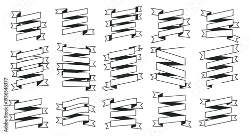 Extensive set of ribbon banner line art icons in various folds and styles is provided for headings, labels, and creative graphic design.