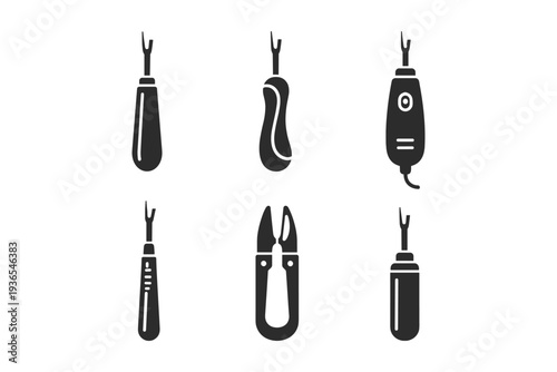 Collection of six different seam ripper and thread cutter icons in silhouette style