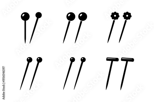 Collection of various sewing pins and thumbtacks in a simple black and white graphic style
