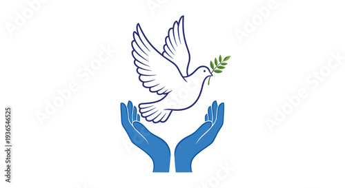 White dove of peace carrying a green olive branch is held up by two blue human hands as a symbol of hope and unity on a white background.