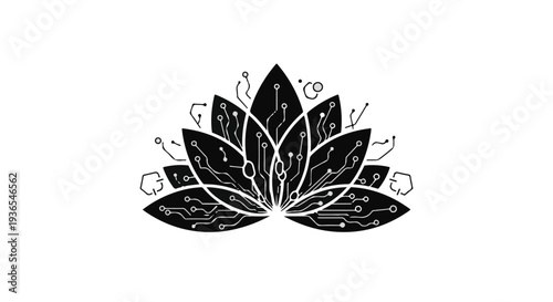 Futuristic lotus flower design with circuit board patterns, symbolizing technology and nature harmony.