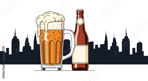 Illustration of a chilled mug of beer and a brown bottle set against a dark urban city skyline silhouette at sunset.