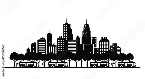 Modern cityscape with buses on a tree-lined street