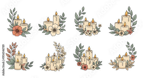 Collection of elegant candle arrangements adorned with delicate flowers and leafy branches in soft earthy and pastel tones.