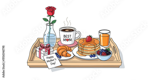 Vector illustration of breakfast tray with food and flowers