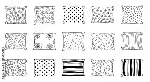 Collection of decorative square pillow icons featuring a wide variety of black and white hand-drawn patterns and textures.