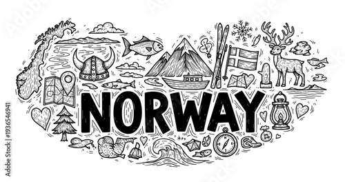 Norway doodle: icons of nature, viking heritage, and nordic symbols