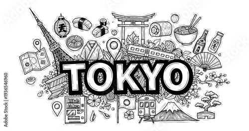 Tokyo doodle: iconic symbols of japanese culture and landmarks