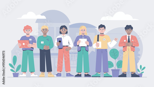 A diverse group of people standing together in front of a building with plants