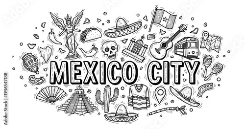 Mexico city symbols: angel of independence, sombrero, skull, maracas, and more in illustration