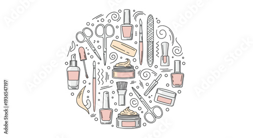 Creative circular arrangement of manicure tools and beauty products including nail polish scissors files and creams in soft pink tones.