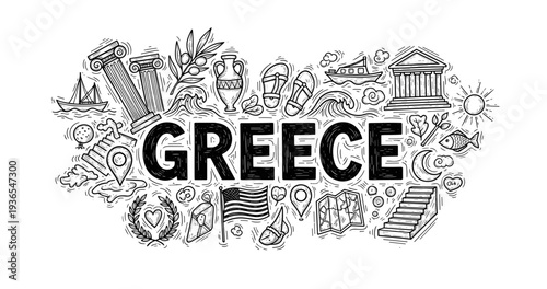 Greece doodle art with iconic symbols and architecture
